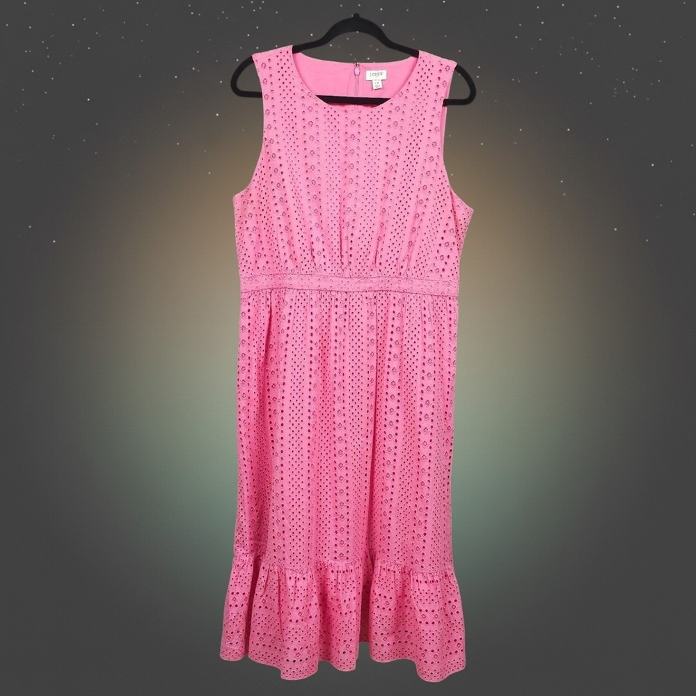 J.Crew Pink Eyelet Midi Dress Sleeveless Ruffle Hem Fit & Flare Women Size 14